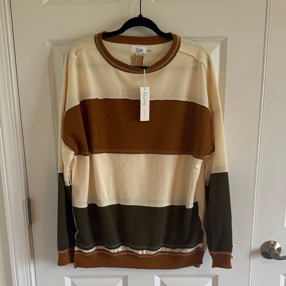 NWT Bluivy Colorblock Striped Oversized Sweatshirt - Cream, Brown, Olive Large